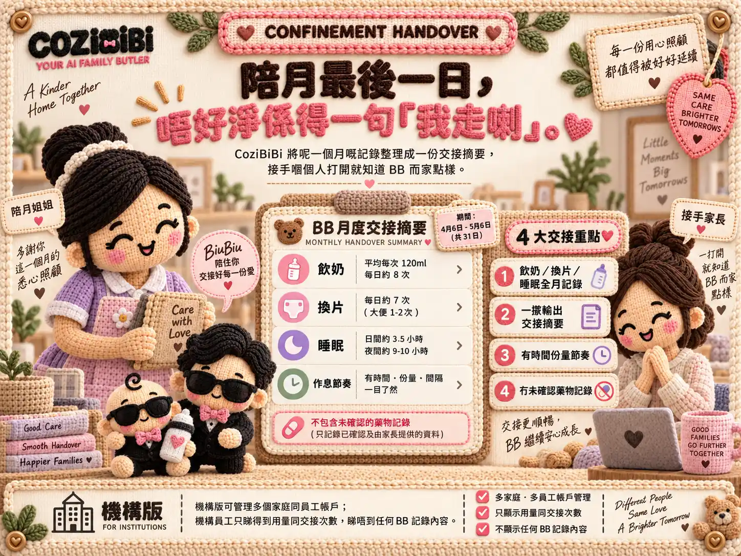 陪月月度交接摘要畫面,列出飲奶、換片、睡眠同作息節奏
