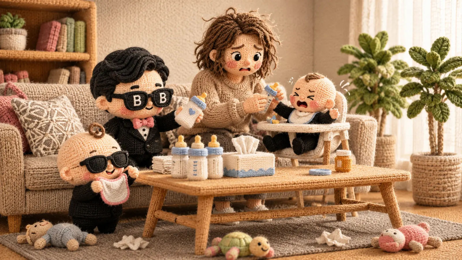 CoziBiBi 公仔與家庭在客廳照顧嬰兒